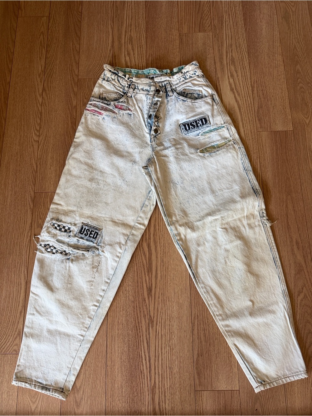 Acid Wash Boyfriend Jeans with 'USED' Patch and Distressed Details